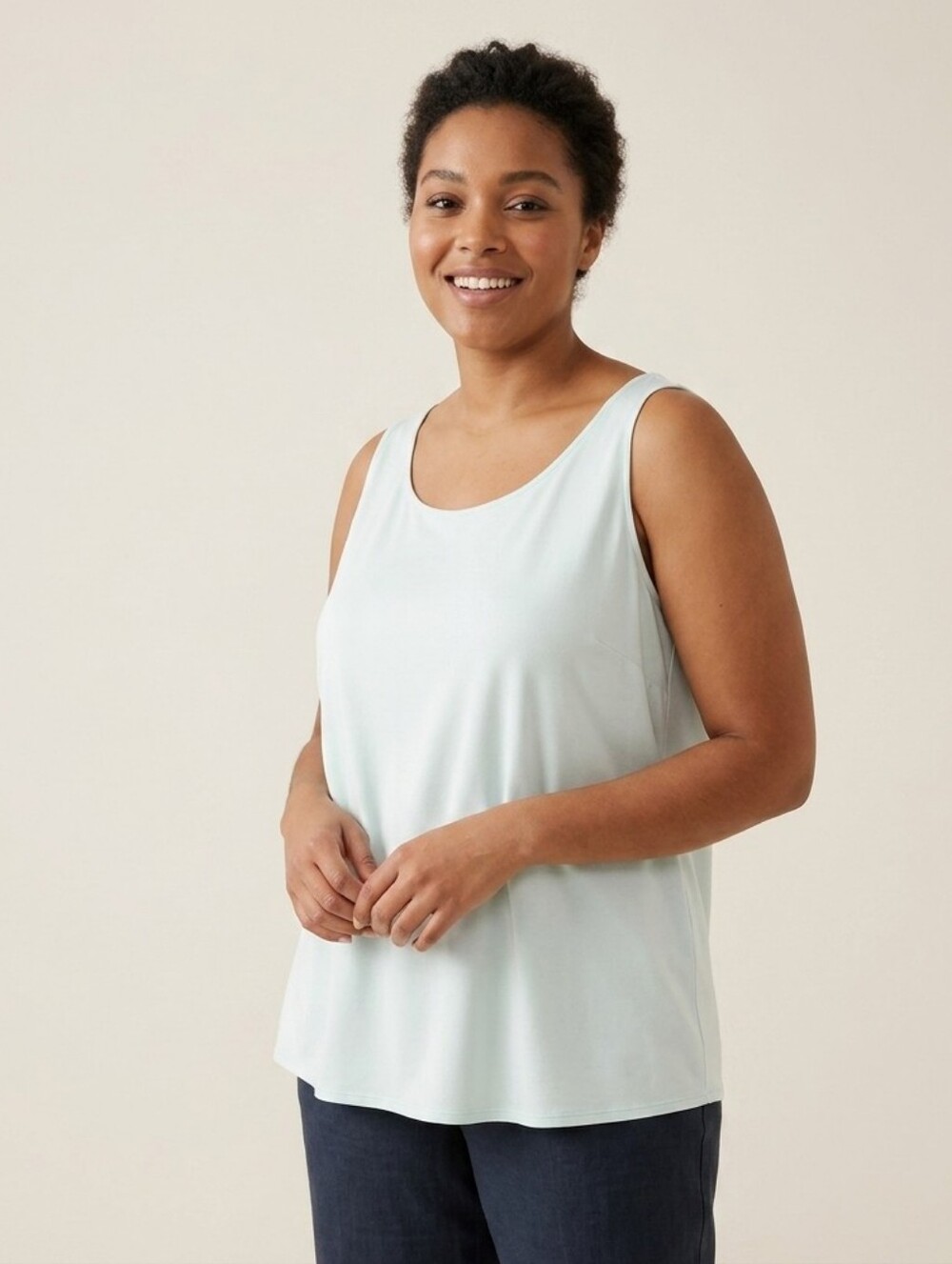 Eileen Fisher Pale Blue Silk Georgette Crepe Scoop Neck Longline Tank Top XL